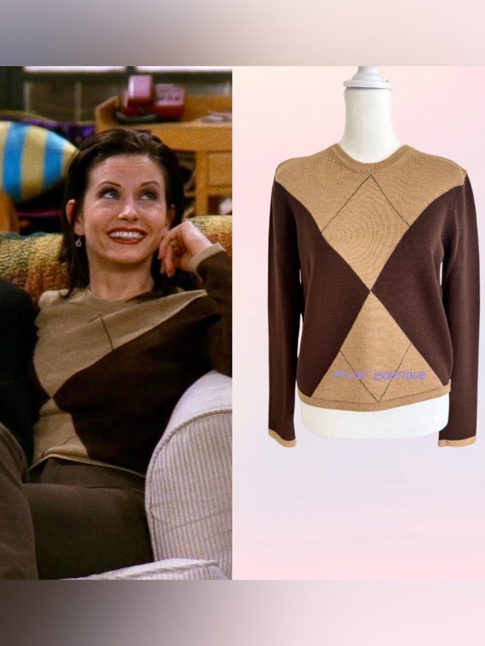 Vintage Brown Argyle Wool Sweater ASO Monica Geller on Friends
